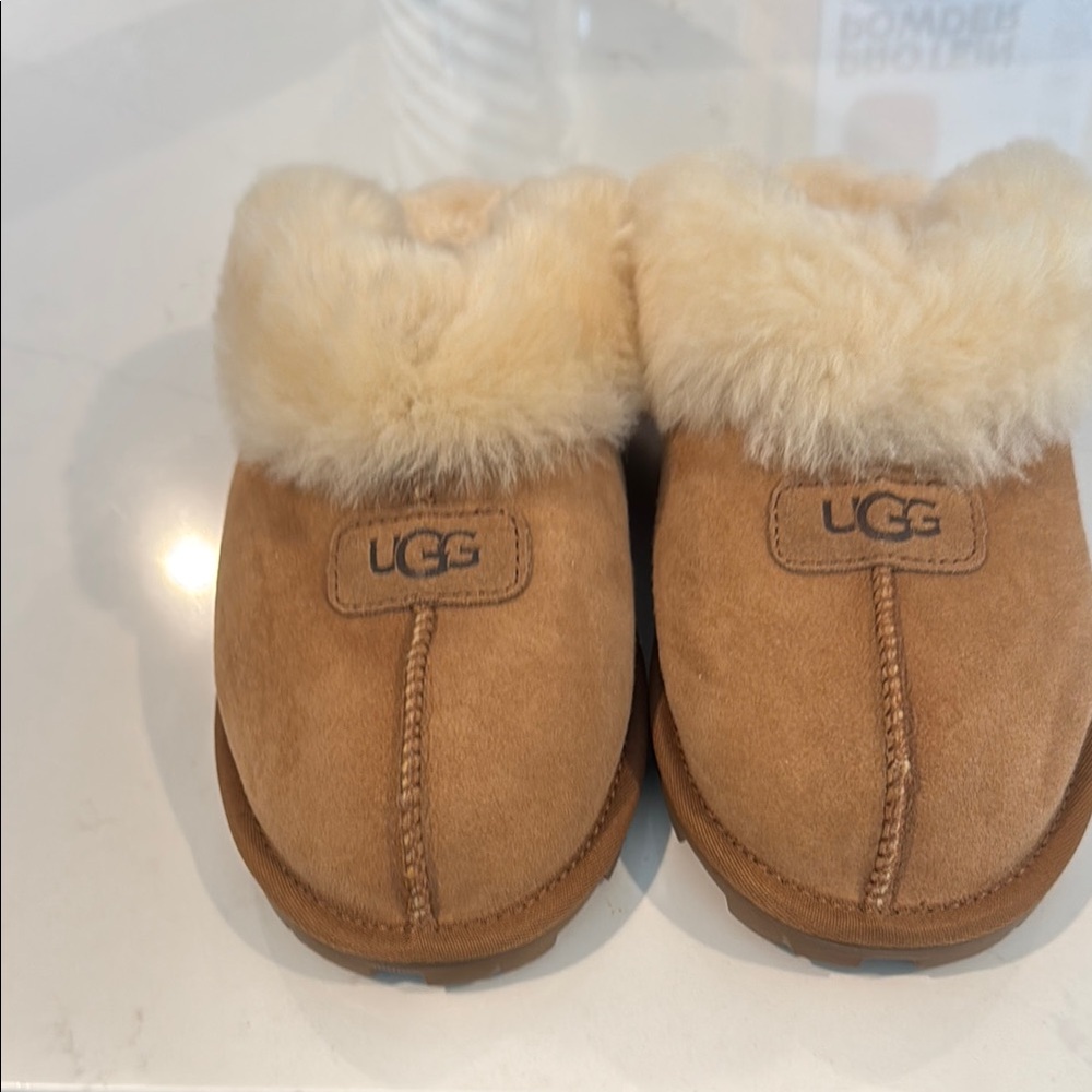 UGG Chestnut Suede Slippers with Fluffy Cream Lining